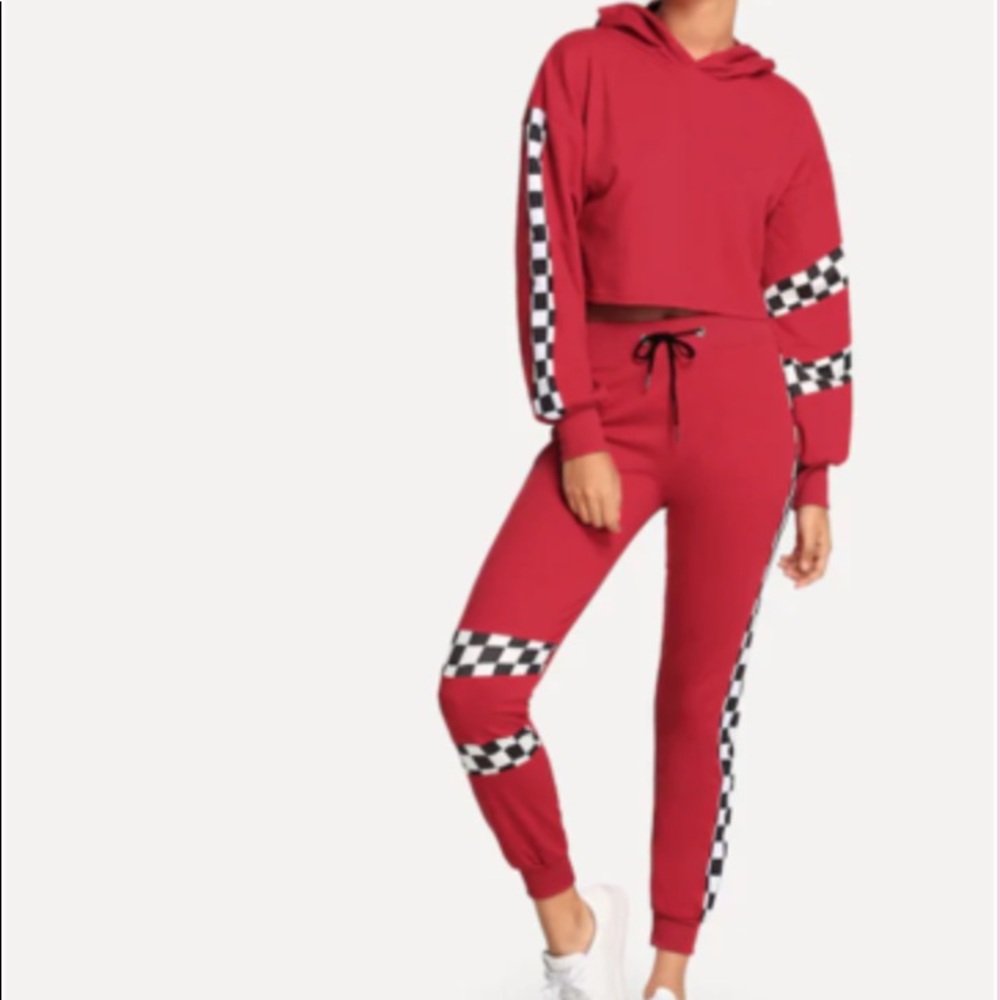 Plaid panel hoodie top with drawstring pants